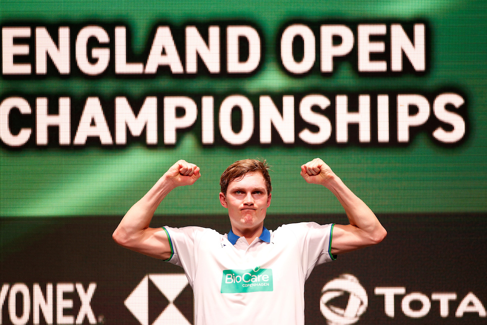 Denmark's Viktor Axelsen celebrates after winning the men's singles final match against Taiwan's Chou Tien-chen, March 15, 2020. u00e2u20acu201d Action Images via Reuters/Andrew Boyers