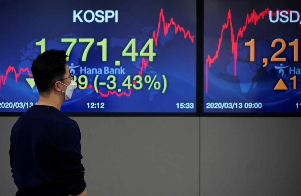 A currency dealer looks at electronic boards showing the Korea Composite Stock Price Index (Kospi) and exchange rate between the US dollar and South Korean won, at a dealing room of a bank in Seoul March 13, 2020. u00e2u20acu201d Reuters pic