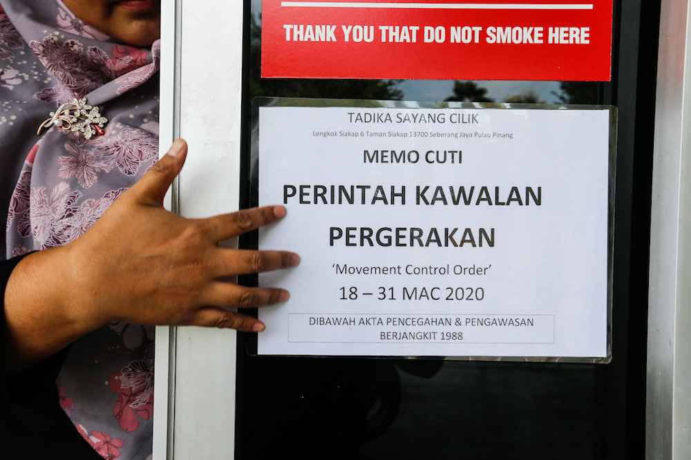 A notice of closure is seen at a kindergarten in Gelugor after the Movement Control Order, March 17, 2020. u00e2u20acu201d Picture by Sayuti Zainudin