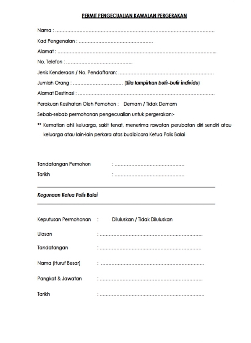 Example of the permission form Malaysians would need to fill up at police stations beginning tonight if they want to travel interstate. — Courtesy of Bukit Aman Corporate Communications Dept