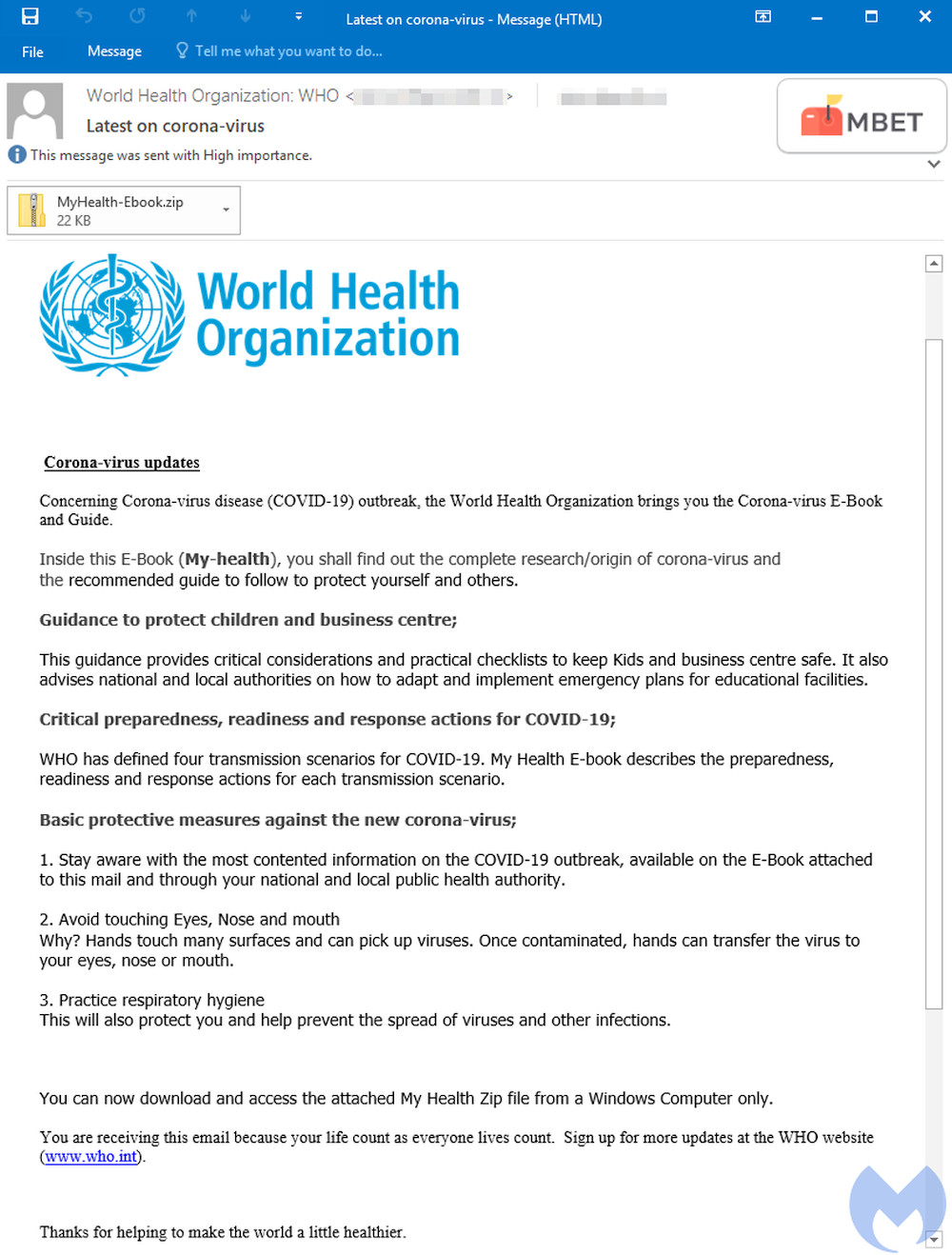 A new phishing campaign purportedly sent by the World Health Organisation where the whole scam is built around a fake e-book that claims to have everything you need to know on the ‘corona-virus’. — Picture from Malwarebytes