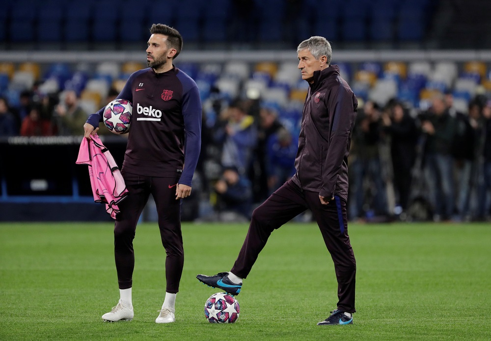 Barcelona coach Quique Setien and assistant coach Eder Sarabia during training at the San Paolo Stadium in Naples February 24, 2020. u00e2u20acu201d Reuters pic 