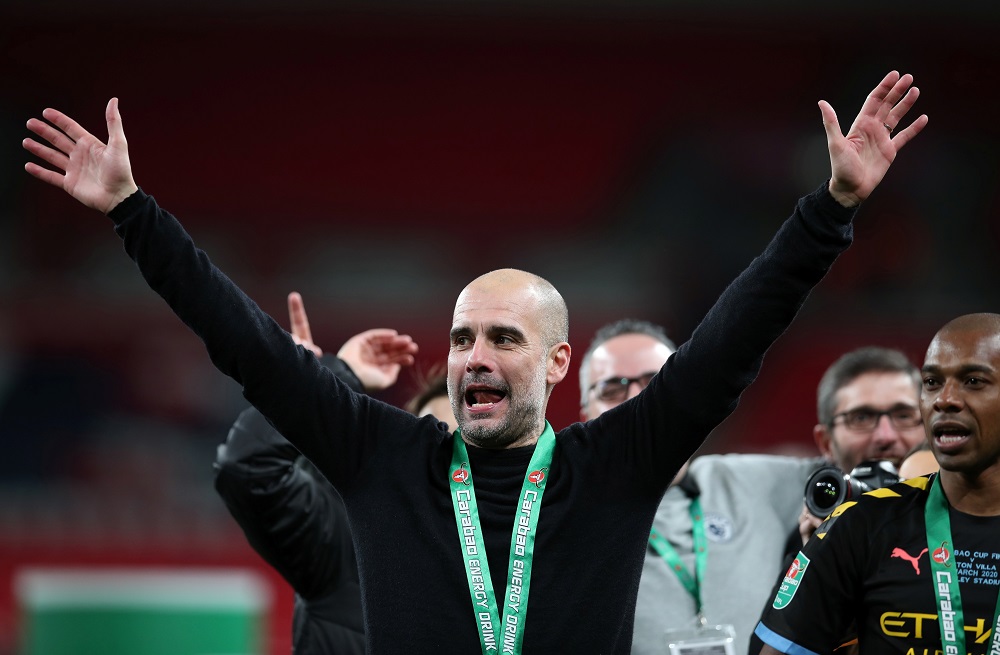 Manchester City manager Pep Guardiola celebrates winning the Carabao Cup at the Wembley Stadium in London March 1, 2020. u00e2u20acu201d Reuters pic