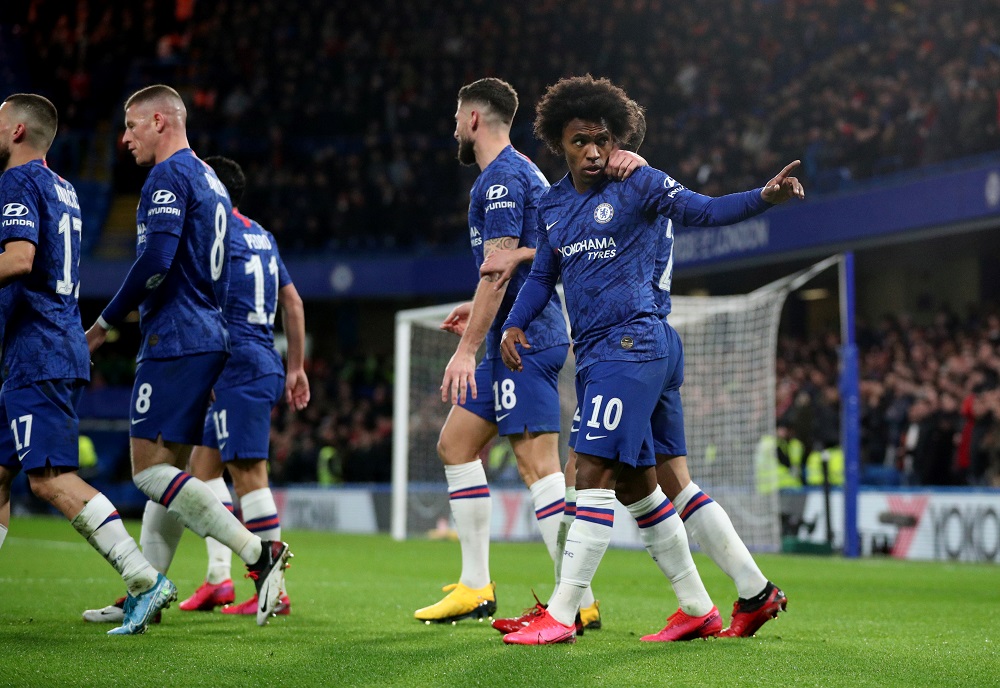 Chelsea's Willian celebrates scoring their first goal with teammates at Stamford Bridge in London March 3, 2020. u00e2u20acu201d Reuters pic