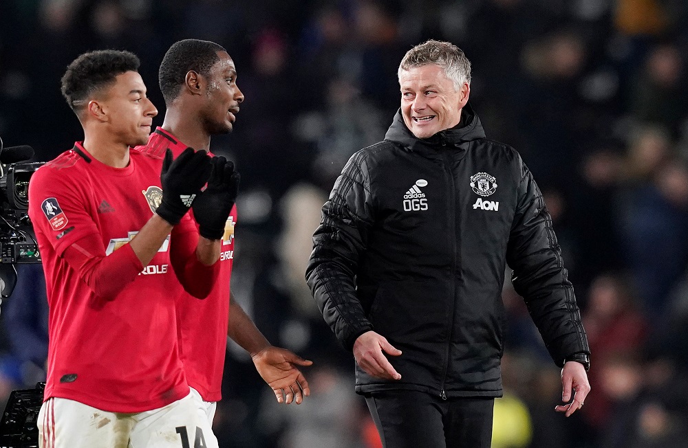 Manchester United manager Ole Gunnar Solskjaer celebrates with Odion Ighalo and Jesse Lingard after the match against Derby County at Pride Park in Derby March 5, 2020. u00e2u20acu201d Reuters pic
