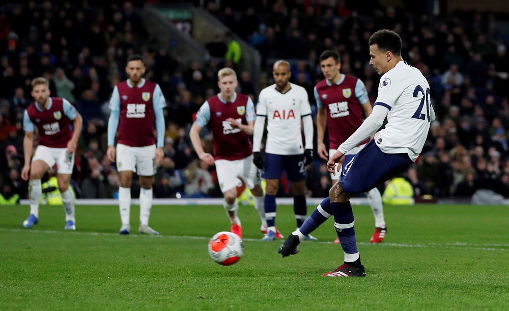 nTottenham Hotspur's Dele Alli scores their first goal from the penalty spot at Turf Moor in Burnley March 7, 2020. u00e2u20acu201d Action Images via Reutersn