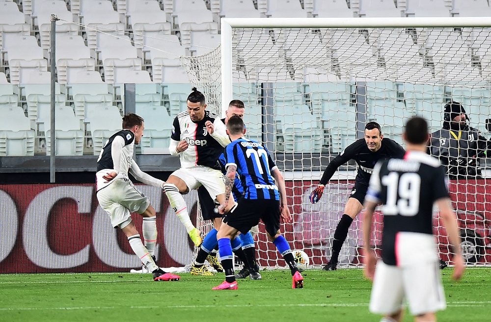 Juventus' Aaron Ramsey scores their first goal against Inter Milan at the Allianz Stadium in Turin March 8, 2020. u00e2u20acu201d Reuters pic