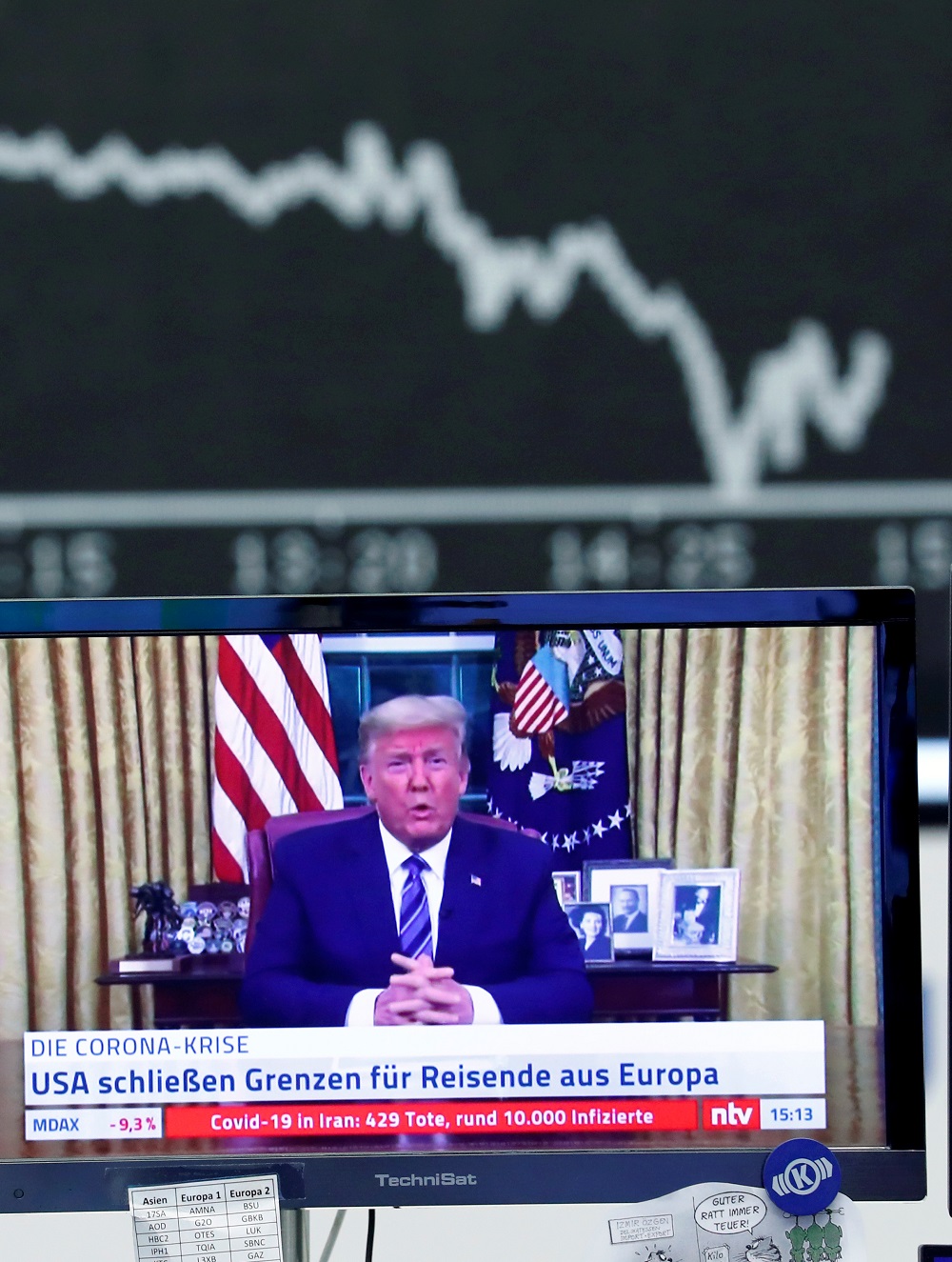 A television broadcast shows U.S. President Donald Trump during a trading session at Frankfurt's stock exchange in Frankfurt March 12, 2020. u00e2u20acu201d Reuters pic