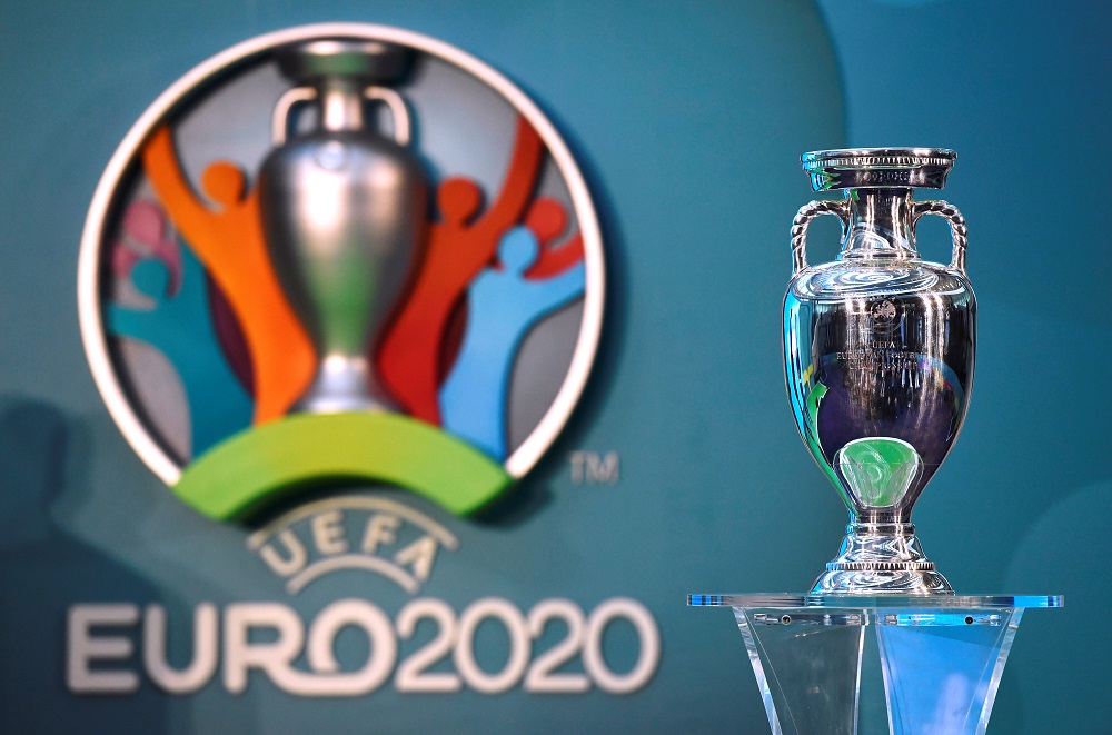 The Uefa Euro 2020 logo on display with the European Championship trophy during the launch at the London City Hall September 21, 2016. u00e2u20acu201d Action Images via Reuters  
