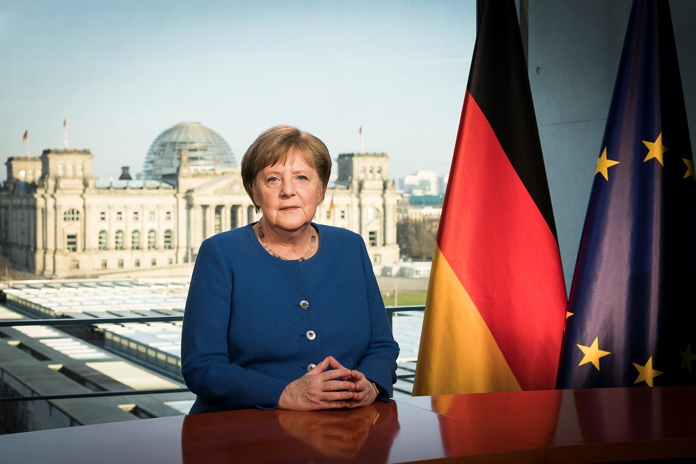A handout photo made available by the German Government shows Chancellor Angela Merkel addressing the nation on Covid-19 measures in Berlin March 18, 2020. u00e2u20acu201d Picture by Bundesregierung/Steffen Kugler/Handout via Reuters