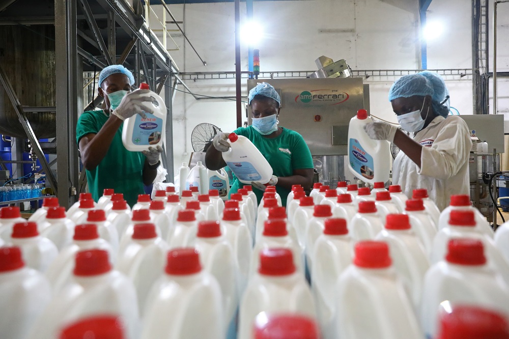 Employees inspect the production of hand sanitisers in Cormart factory as the company steps up production of hand sanitisers to prevent the spread of coronavirus disease, on the outskirts of Lagos March 19, 2020. u00e2u20acu201d Reuters pic