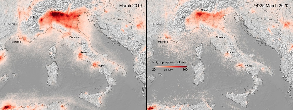 A combination image distributed by the European Space Agency (ESA) on March 27, 2020, shows the average nitrogen dioxide concentrations from air pollution across Italy in March, 2019 (left), and from March 14-25, 2020, as mapped by the Copernicus Sentinel-5P satellite. — ESA handout via Reuters 