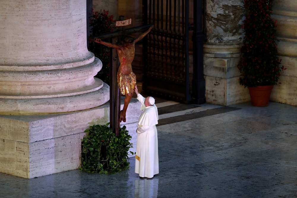 Pope Francis is pictured at St. Peter’s Square during an extraordinary ‘Urbi et Orbi’ — normally given only at Christmas and Easter —, as a response to the global coronavirus disease pandemic, at the Vatican March 27, 2020. — Reuters pic