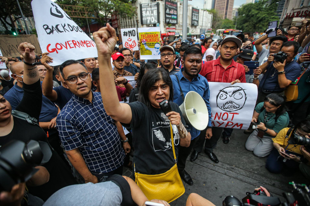 Datuk Ambiga Sreenevasan speaks during the Save Malaysia Demonstration at Sogo shopping complex on March 1, 2020. u00e2u20acu201d Picture by Hari Anggara