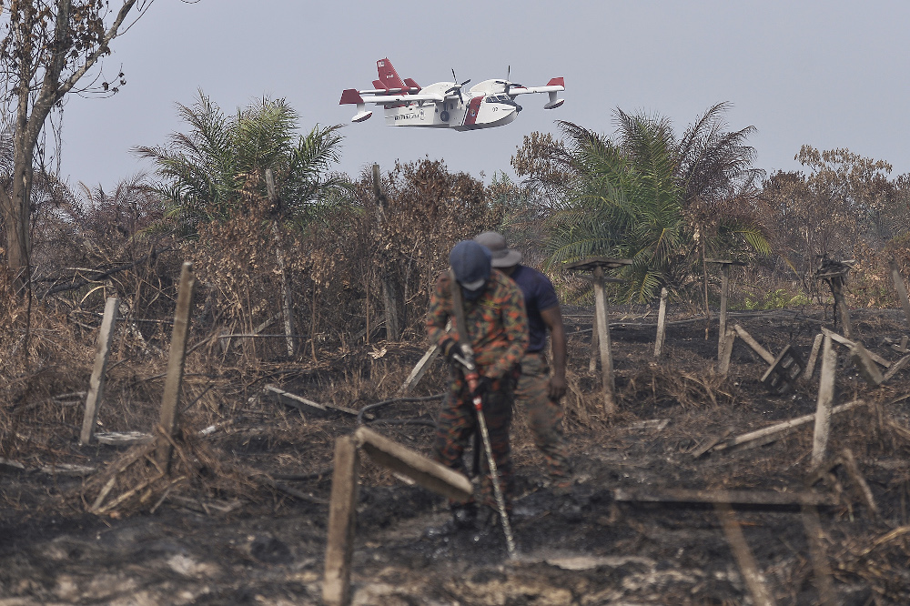 An air tanker flies past to drop the water over the threatened area in Kuala Langat March 3, 2020. u00e2u20acu201d Picture by Miera Zulyana