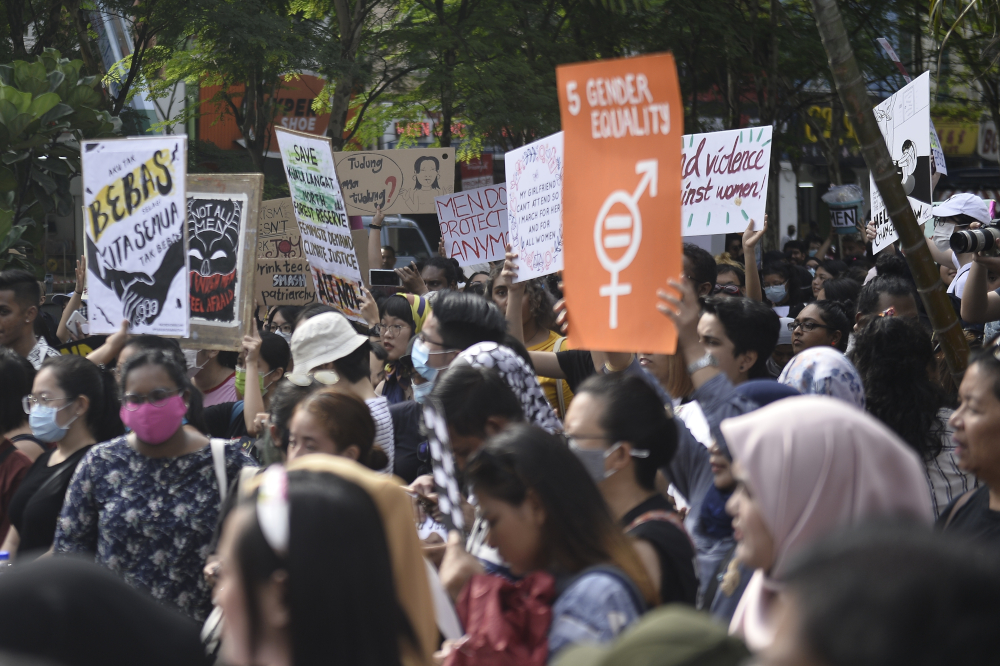 Demonstrators take part in Women’s March Malaysia 2020, in conjunction with International Women’s Day in Kuala Lumpur March 8, 2020. ― Picture by Miera Zulyana