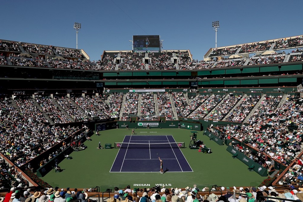Angelique Kerber of Germany serves to Bianca Andreescu of Canada during the women's final of the BNP Paribas Open at the Indian Wells Tennis Garden in California March 17, 2019. u00e2u20acu201d AFP pic