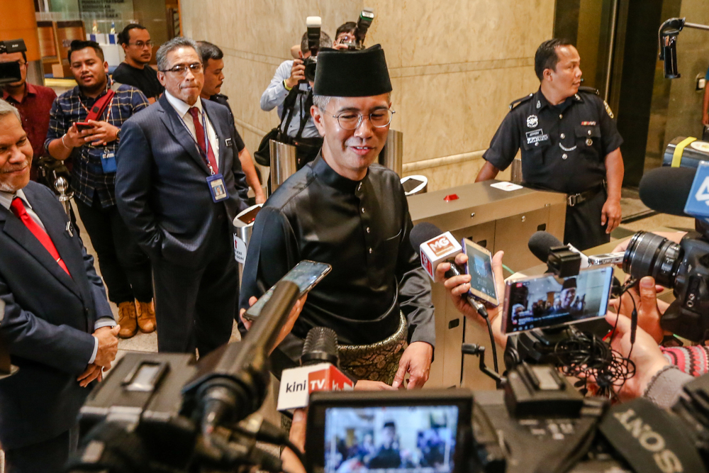 Finance Minister Senator Datuk Seri Tengku Zafrul Tengku Abdul Aziz speaks to reporters on his first day as Finance Minister in Putrajaya 10, 2020. u00e2u20acu201d Picture by Firdaus Latif  