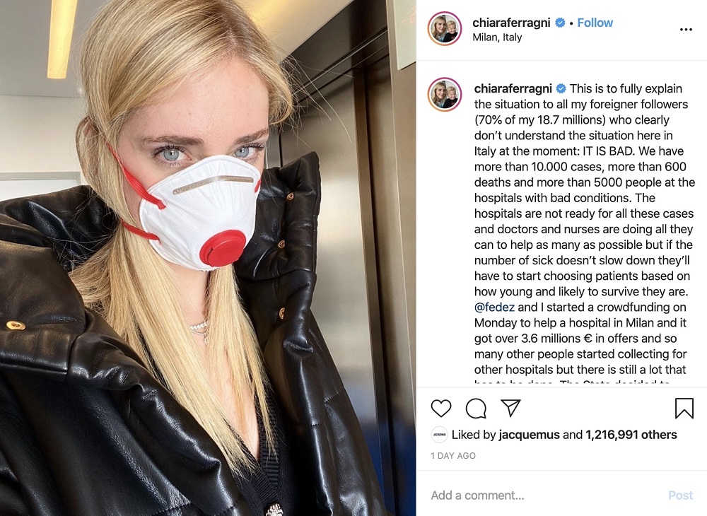 Chiara Ferragni has been using her social media platforms to help publicise a crowdfunding campaign supporting Milanu00e2u20acu2122s San Raffaele hospital. u00e2u20acu201d Picture via Instagram / @chiaraferragni