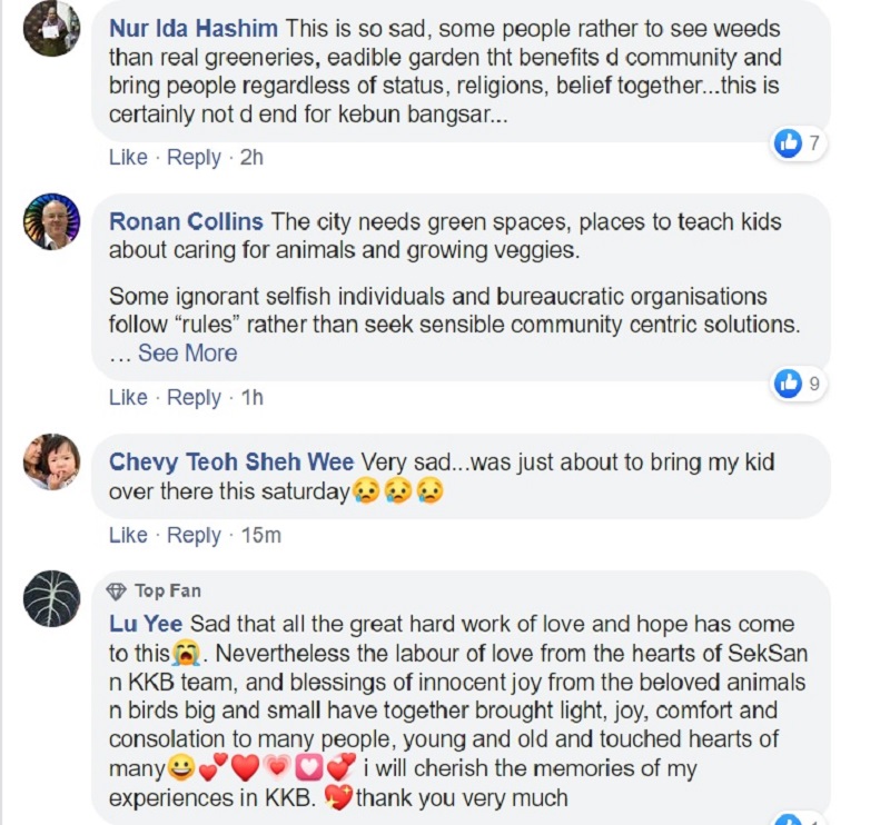 Comments from the public following the news of the farm’s looming closure. — Picture from Facebook/Kebun-Kebun Bangsar