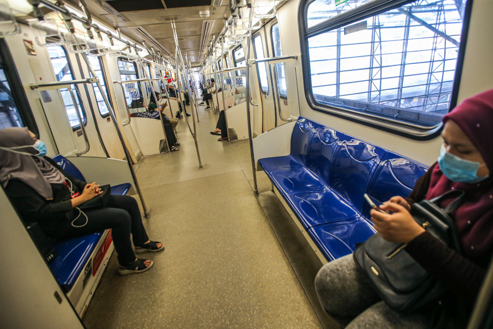 A near-empty LRT coach is seen departing the KL Sentral station March 18, 2020. u00e2u20acu201d Picture by Hari Anggara