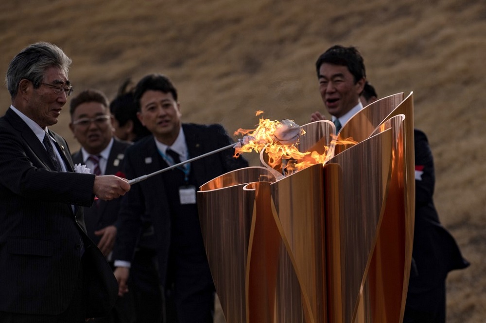 The Tokyo 2020 Olympic flame is displayed at Ishinomaki Minamihama Tsunami Recovery Memorial Park in Ishinomaki, Miyagi prefecture on March 20, 2020, after its arrival from Greece. u00e2u20acu201d AFP pic