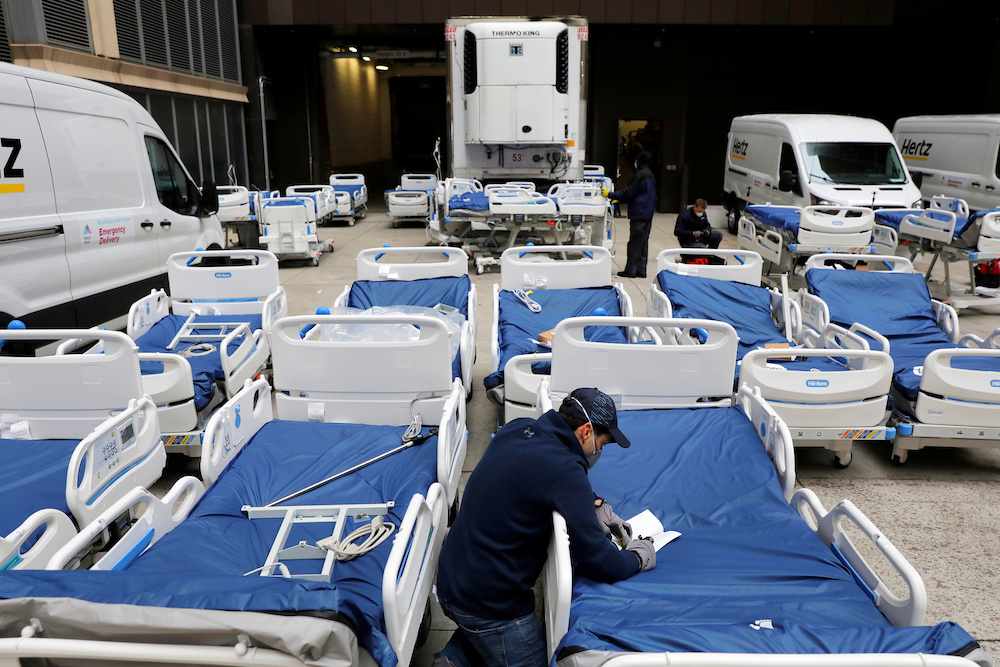 A worker checks part of a delivery of 64 hospital beds from Hillrom to The Mount Sinai Hospital during the outbreak of Covid-19 in Manhattan March 31, 2020. u00e2u20acu201d Reuters pic