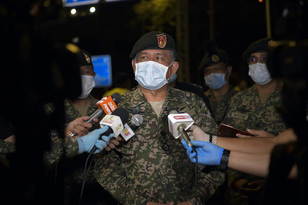 Army chief Gen Tan Sri Ahmad Hasbullah Mohd Nawawi speaks to reporters after observing preparations for the operation codenamed u00e2u20acu02dcOp Penawaru00e2u20acu2122 in Kuala Lumpur March 28, 2020. u00e2u20acu201d Bernama pic 