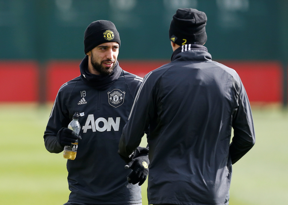 Manchester Unitedu00e2u20acu2122s Bruno Fernandes during training at the Aon Training Complex in Manchester, March 11, 2020. u00e2u20acu201d Reuters picnn