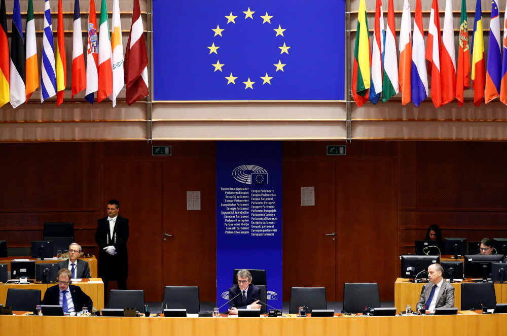 European Parliament President David Sassoli attends a special session of the European Parliament to approve special measures to soften the sudden economic impact of coronavirus disease in Brussels, Belgium March 26, 2020. u00e2u20acu201d Reuters pic 