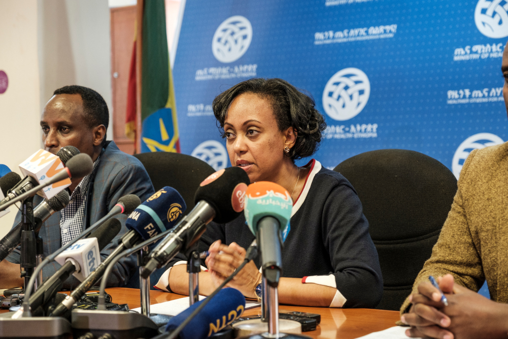 Dr Lia Tadesse (2nd left), Minister of Health of Ethiopia, addresses the press during an urgent press conference at the Federal Ministry of Health after the first case of coronavirus was detected in Ethiopia, in Addis Ababa March 13, 2020. u00e2u20acu201d AFP pic 