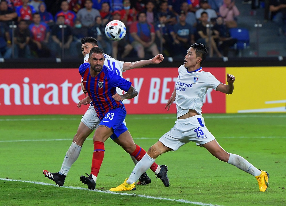 JDTu00e2u20acu2122s Mauricio scores a goal during the AFC Champions League match against Suwon Bluewings at the Sultan Ibrahim Stadium in Iskandar Puteri March 3, 2020. u00e2u20acu201d Bernama pic