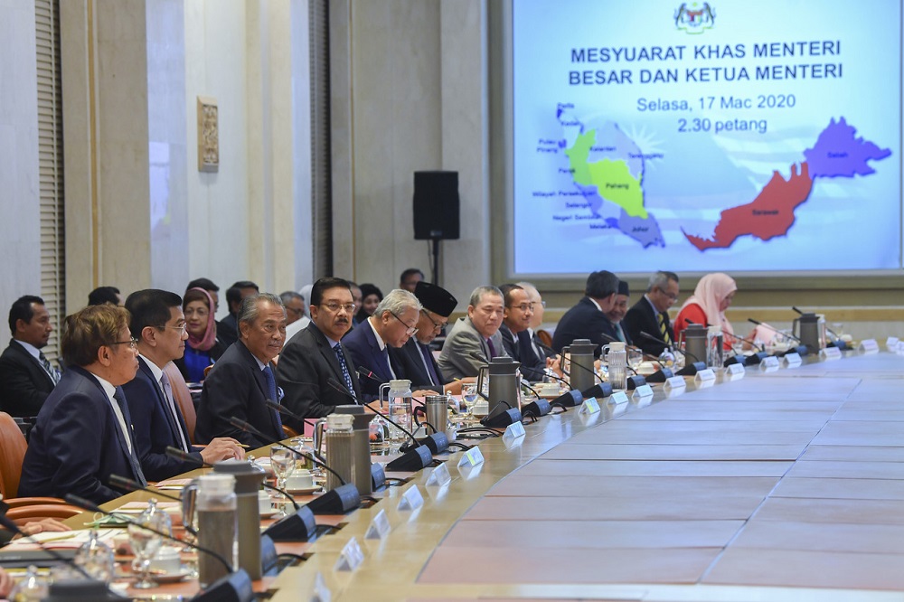 Prime Minister Tan Sri Muhyiddin Yassin chairs a meeting with heads of states at the Perdana Putra building in Putrajaya March 17, 2020. u00e2u20acu201d Bernama pic