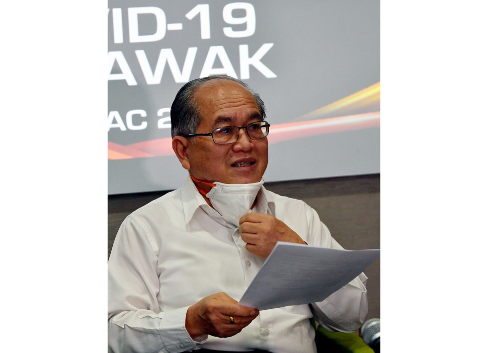 Sarawak Disaster Management Committee chairman Datuk Amar Douglas Uggah (pic) speaks during a press conference in Kuching March 20, 2020. u00e2u20acu201d Bernama pic