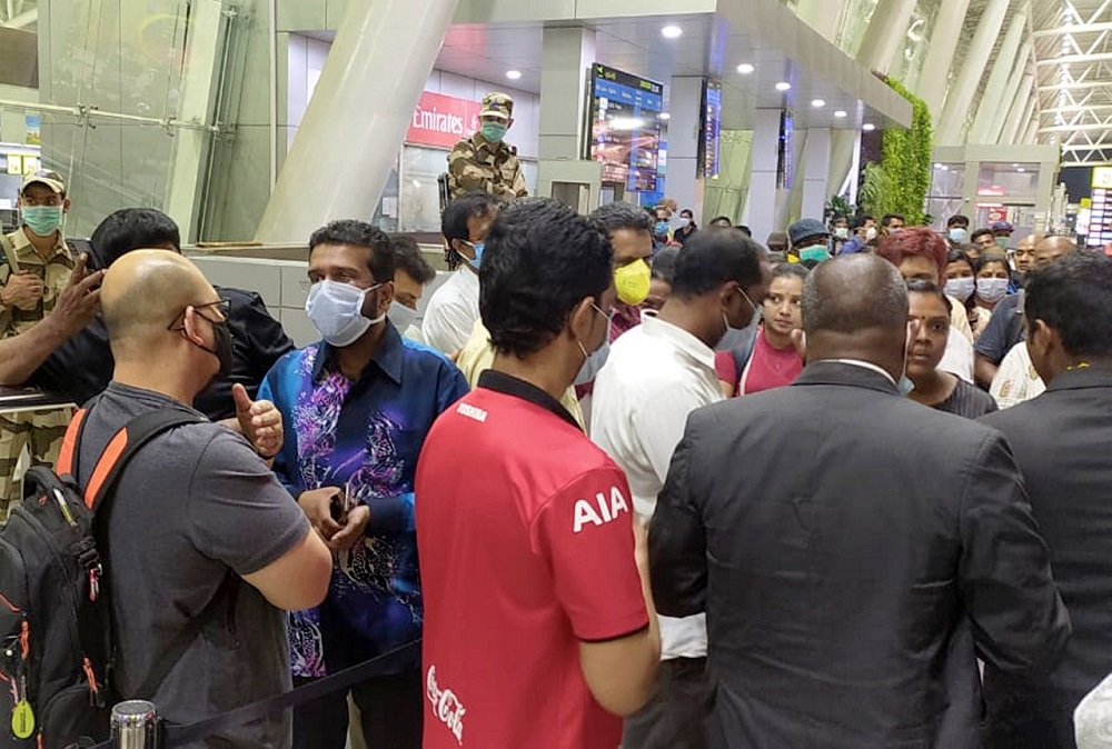 Malaysians stranded in India is pictured gathering at the New Delhi airport March 24, 2020. u00e2u20acu201d Bernama pic