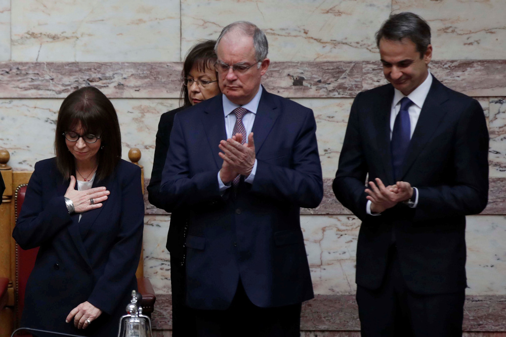 Newly elected Greek President Katerina Sakellaropoulou, with Greeceu00e2u20acu2122s Prime Minister Kyriakos Mitsotakis and Spokesman of the Greek Parliament Konstantinos Tasoulas, during the swearing-in ceremony at the parliament in Athens, Greece March 13, 2020. u00e2u20acu201d