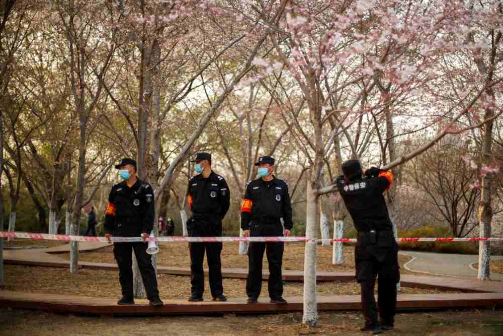 Security guards wear protective masks as they stand under cherry trees in a park in Beijing as the country is hit by an outbreak of the novel coronavirus disease, March 23, 2020. u00e2u20acu2022 Reuters pic