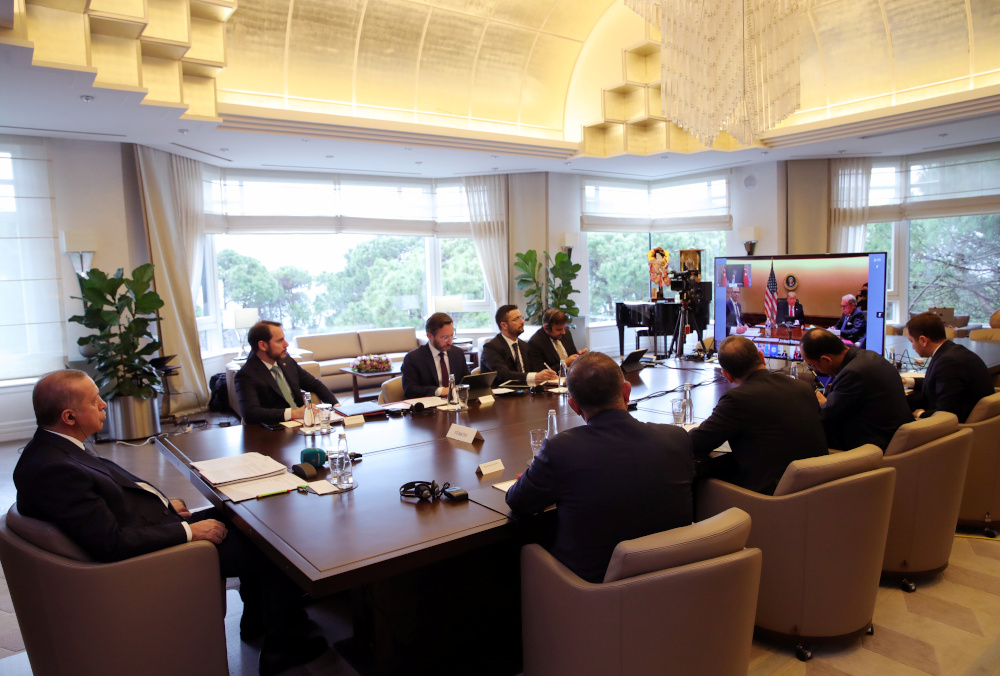 Turkish President Tayyip Erdogan attends a videoconference with G20 leaders to discuss the Covid-19 outbreak, at Huber Mansion in Istanbul, Turkey, March 26, 2020. u00e2u20acu201d Presidential Press Office handout pic via Reuters 