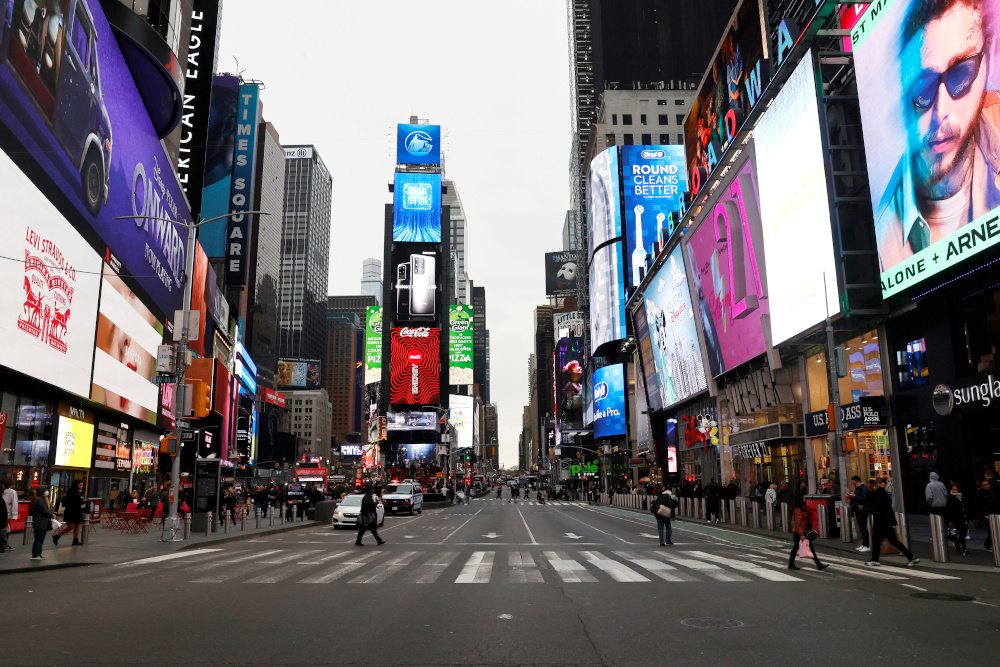A nearly empty 7th Avenue in Times Square is seen at rush hour after it was announced that Broadway shows will cancel performances due to the coronavirus outbreak in New York, US, March 12, 2020. u00e2u20acu201d Reuters pic 