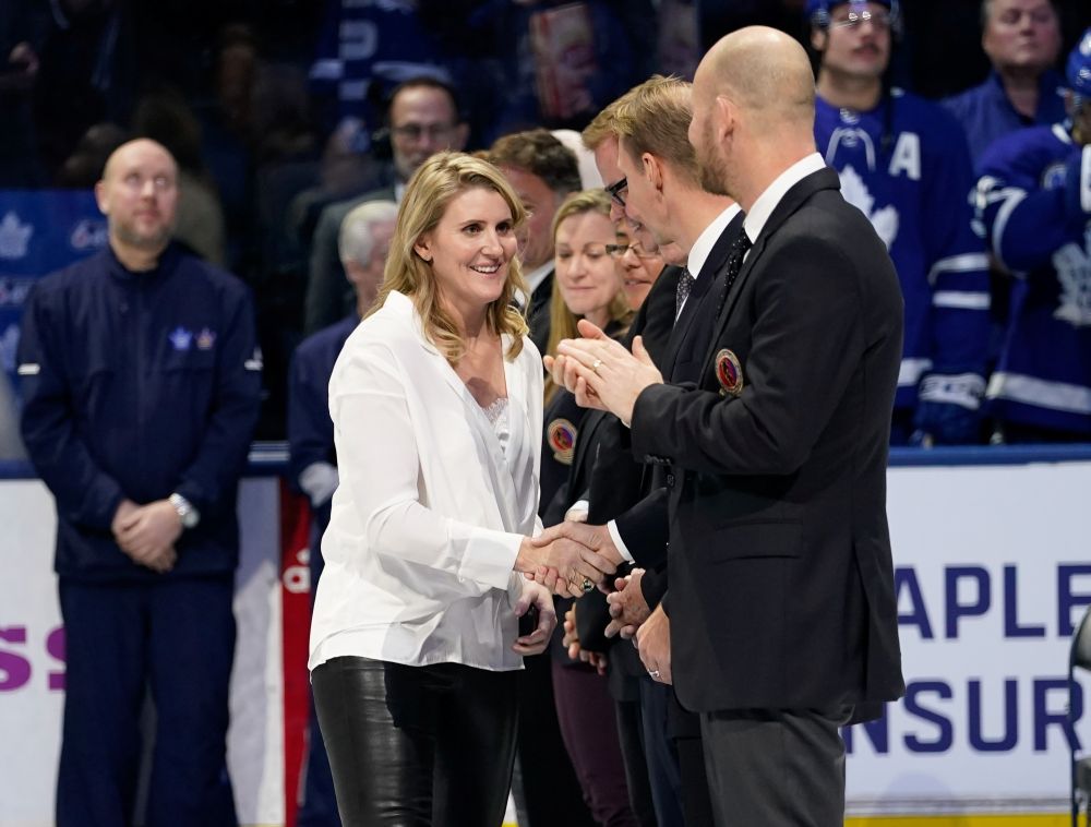 Class of 2019 Hockey Hall of Fame inductee Hayley Wickenheiser shakes hands with hall of famers prior to a game between the Boston Bruins and Toronto Maple Leafs at Scotiabank Arena November 15, 2019. u00e2u20acu201d Reuters pic