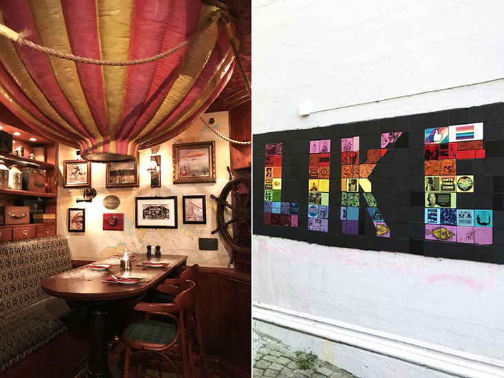 Hot air balloon (left) and a colourful message on one of Stavanger’s iconic white walls (right)