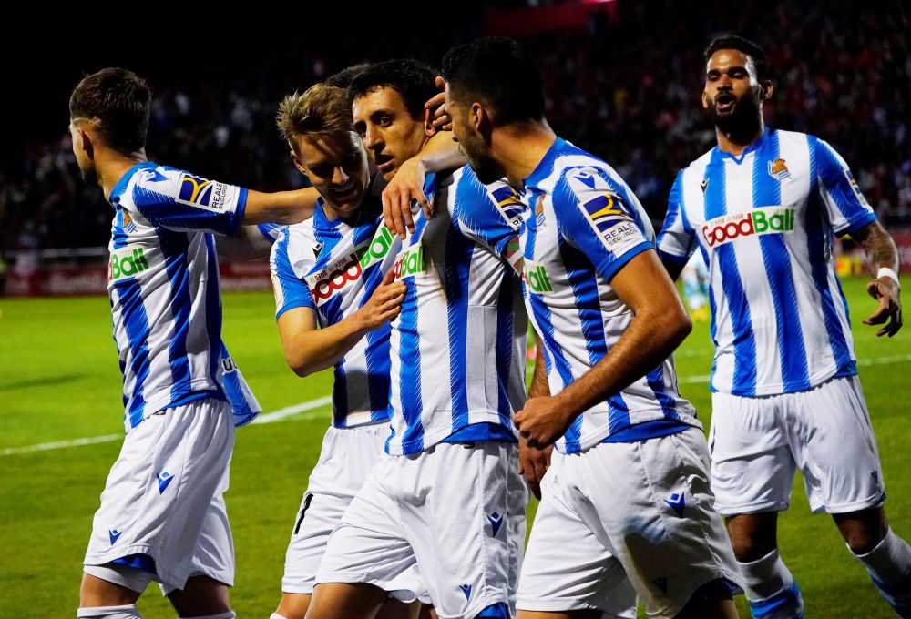 Real Sociedad's Mikel Oyarzabal celebrates scoring their first goal against Mirandes with teammates March 4, 2020. u00e2u20acu201d Reuters pic