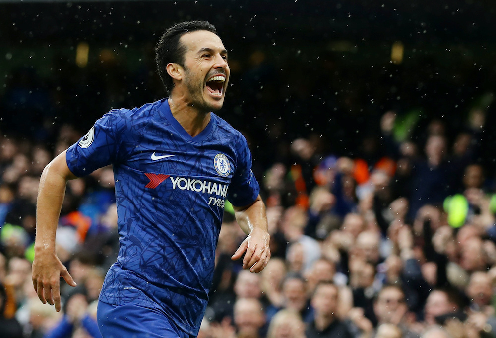 Chelseau00e2u20acu2122s Pedro celebrates scoring their second goal during the match against Everton at the Stamford Bridge in London, March 8 2020. u00e2u20acu201d Reuters pic