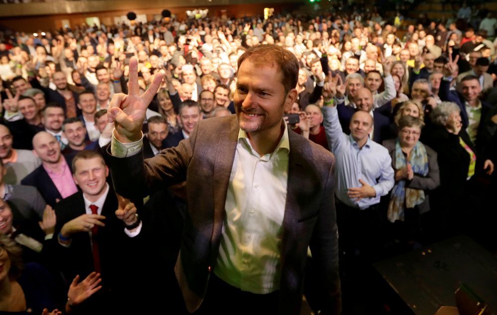 Ordinary People and Independent Personalities (OLaNO) party leader Igor Matovic gestures with supporters at his partyu00e2u20acu2122s headquarters after the countryu00e2u20acu2122s parliamentary elections, in Trnava, Slovakia, early March 1, 2020. u00e2u20acu201d Reuters pic
