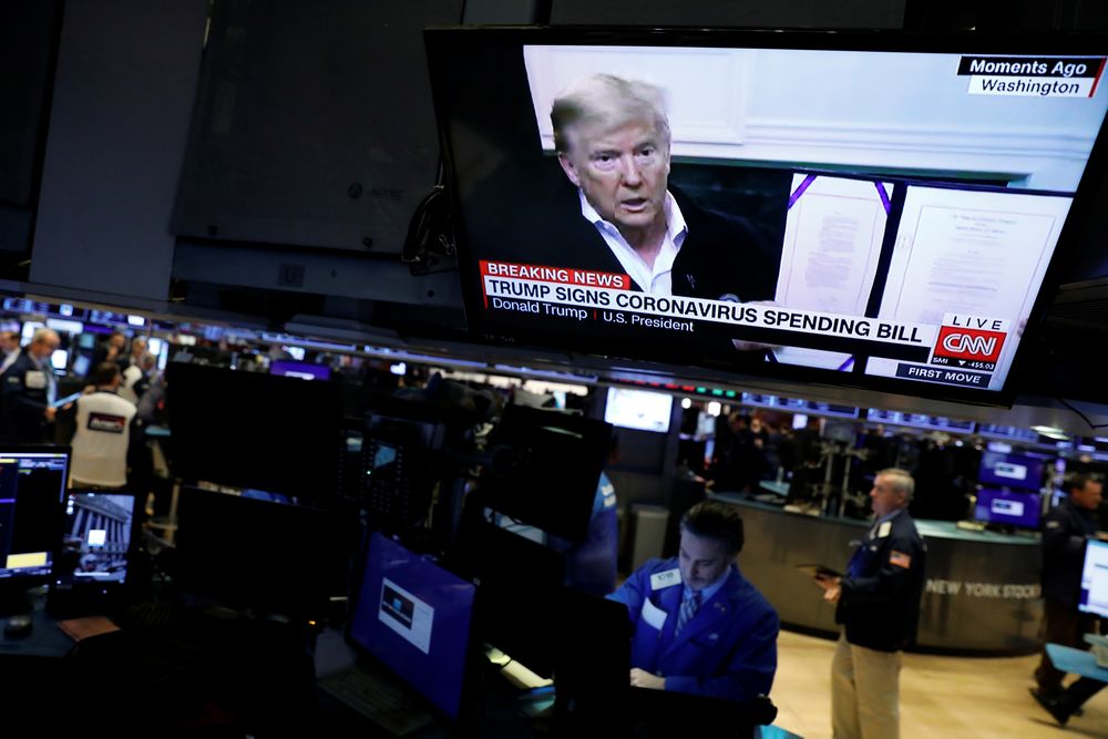 US President Donald Trump is seen on a news broadcast discussing the coronavirus spending bill on the trading floor at the New York Stock Exchange (NYSE) in New York City, March 6, 2020. u00e2u20acu201d Reuters pic