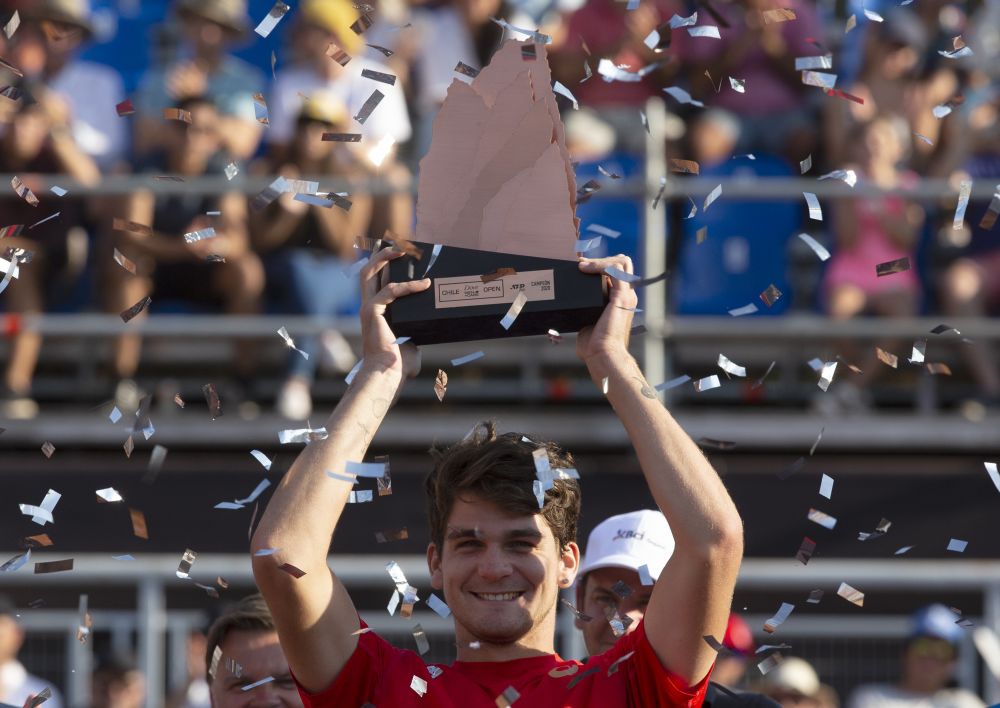 Brazil's Thiago Seyboth Wild holds the trophy after after winning the ATP World Tour Santiago Open 2020 final match against Norway's Casper Ruud in Santiago March 1, 2020. u00e2u20acu201d AFP pic
