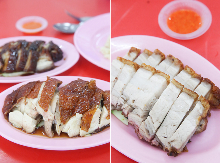 Order the roast chicken to go with your 'char siew' (left). By 11am plus, you will be able to get the roast pork or 'siew yoke' with its crispy golden skin (right)
