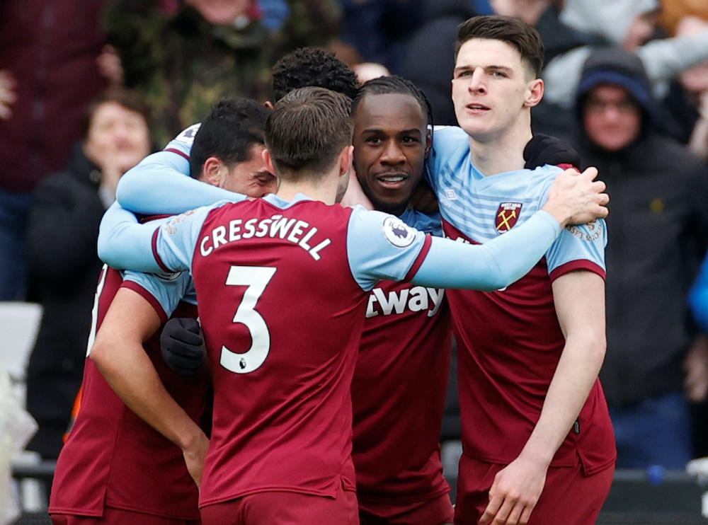 West Ham Unitedu00e2u20acu2122s Michail Antonio celebrates scoring their third goal with Declan Rice and teammates during the match with Southampton at the London Stadium on February 29, 2020. u00e2u20acu201d Reuters picnnn