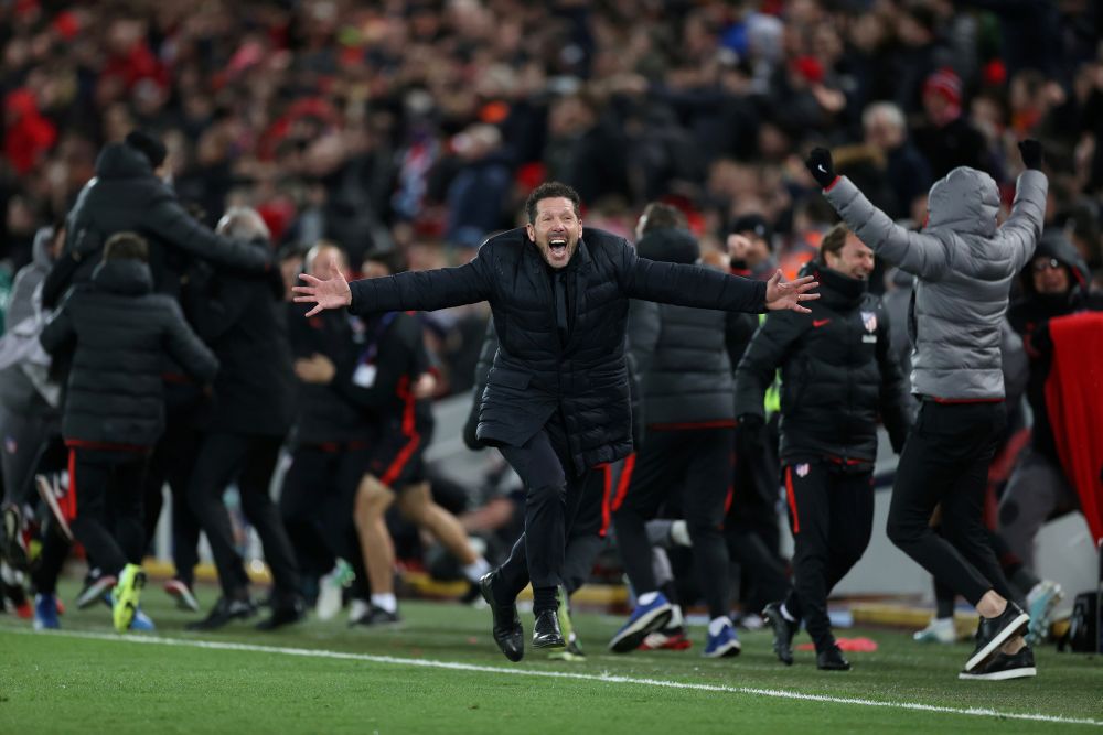Atletico Madrid coach Diego Simeone celebrates a goals against Liverpool at Anfield with teammates March 11, 2020. u00e2u20acu201d Reuters pic