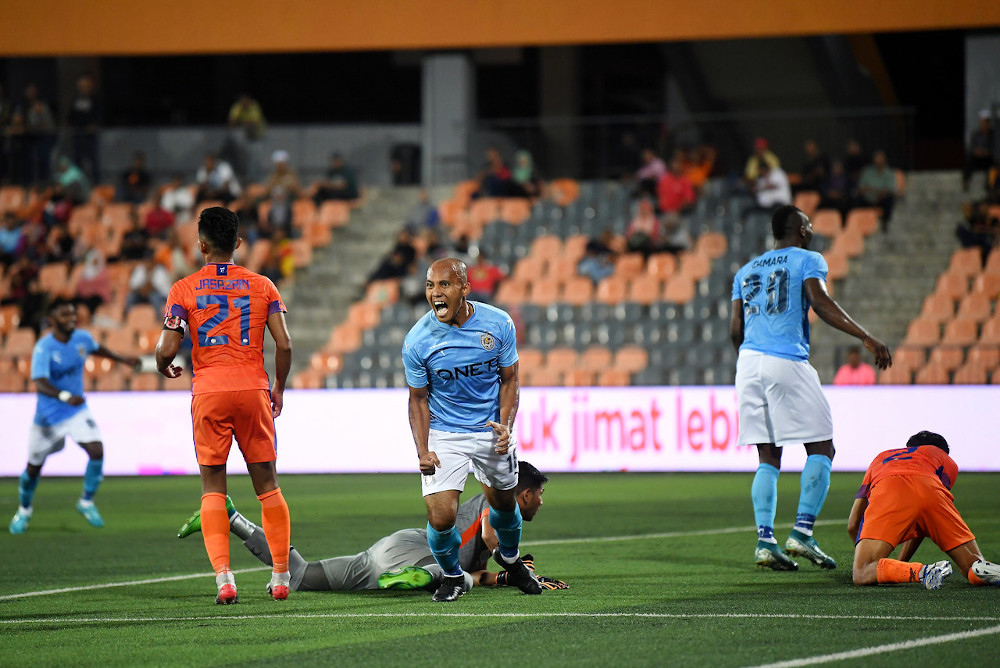 PJ City FC player Mahali Jasuli (centre) celebrates scoring a goal against Felda United during the Super League 2020 at Stadium Tun Abdul Razak (STAR) March 2, 2020. u00e2u20acu201d Bernama pic